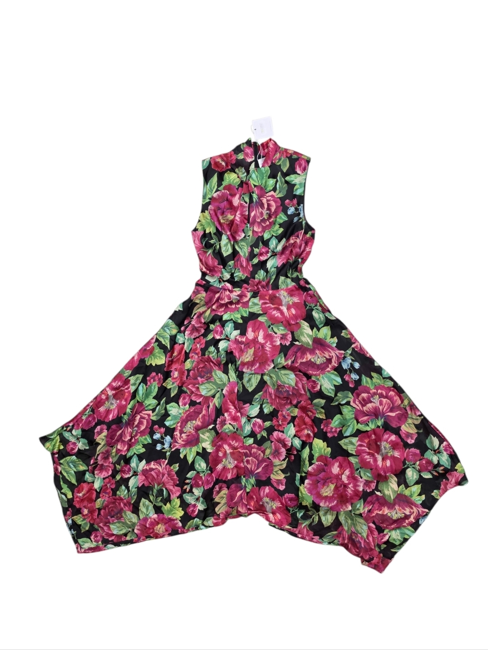 Lavender Brown The Saige Midi Dress In Black Pink And Green Floral Satin NWT